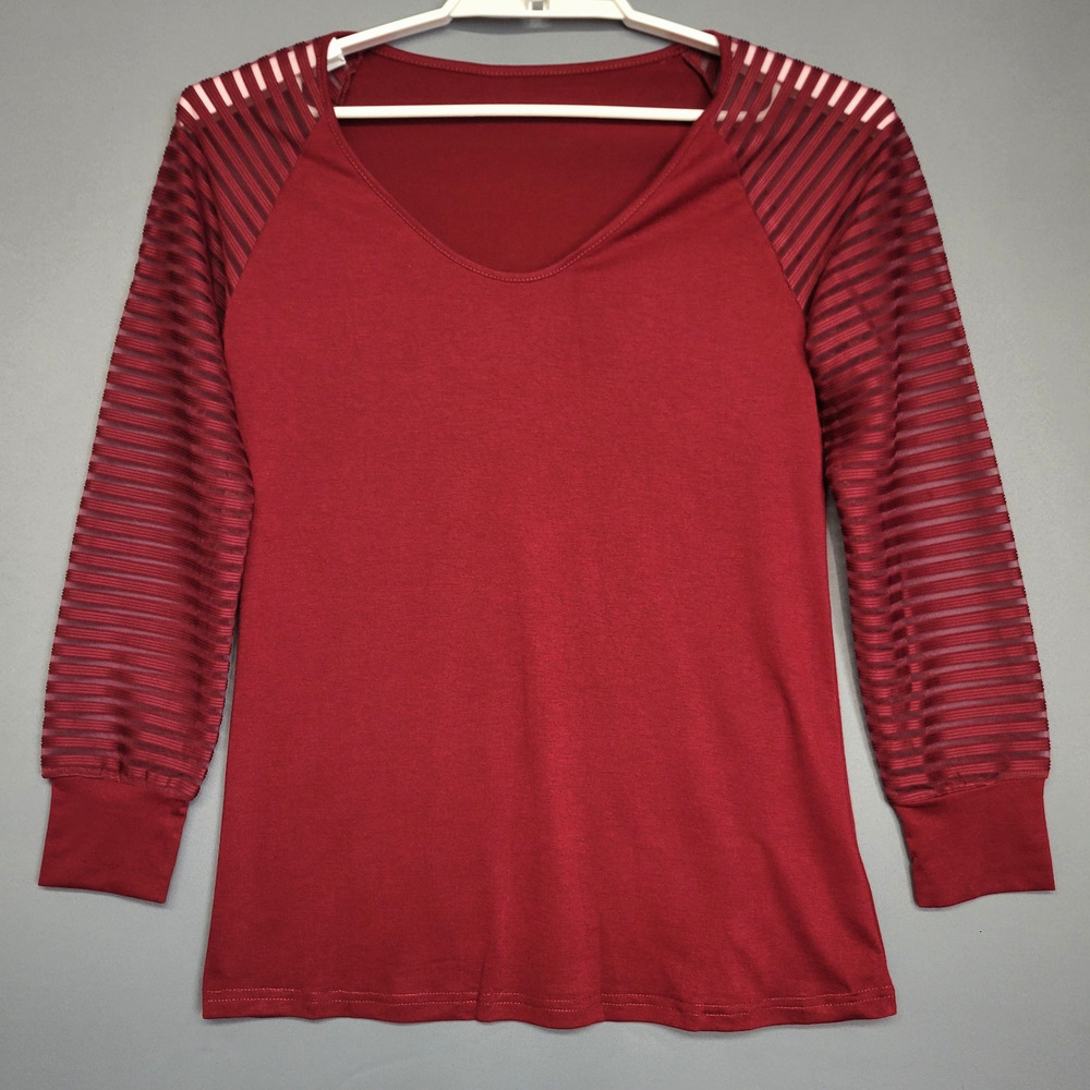 MICHOLL Casual Top Womens Medium Burgundy Red V-neck Striped Sheer Long Sleeves